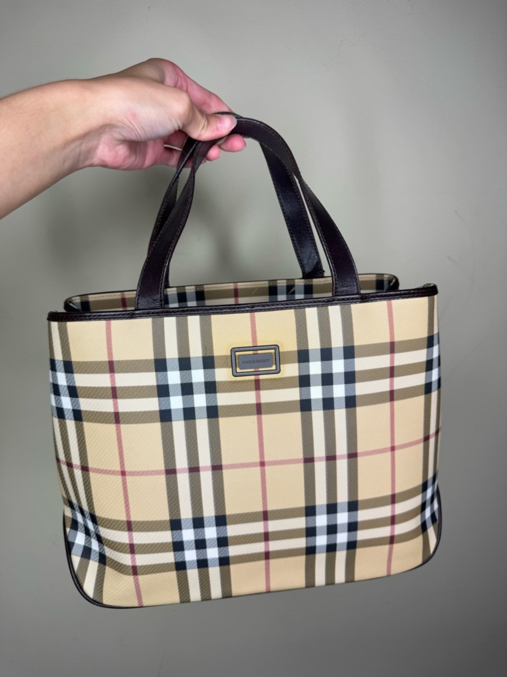 Burberry Beige Plaid Tote with Dark Brown Handles
